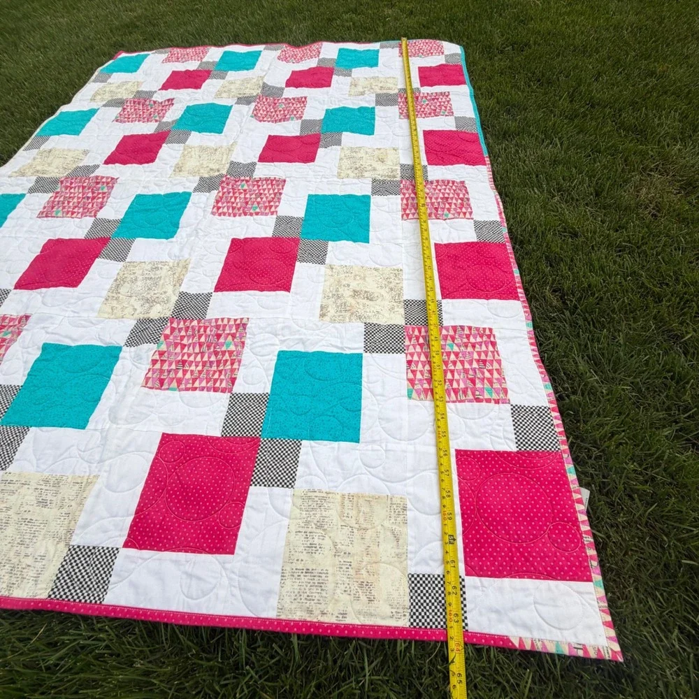 Love Sews Ministry Handmade Patchwork Quilt Pink Turquoise Geometric Throw 64x48